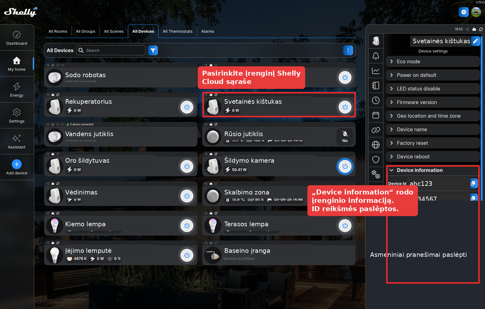 Shelly Cloud įrenginių sąrašas ir įrenginio informacijos skiltis su paslėptais ID